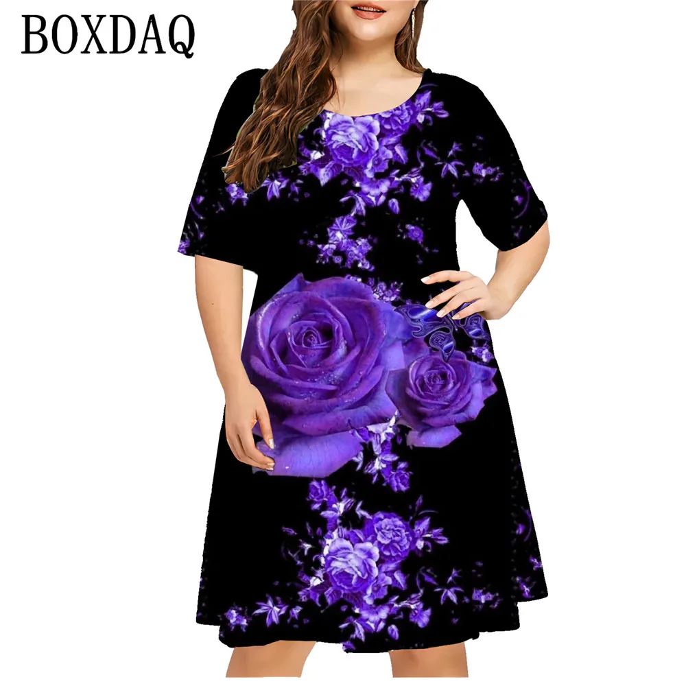 Blue Floral 3D Print Dress For Summer Women Flower Short Sleeve Loose Dress Plus Size Casual O-Neck Ladies Pullover Sundress New