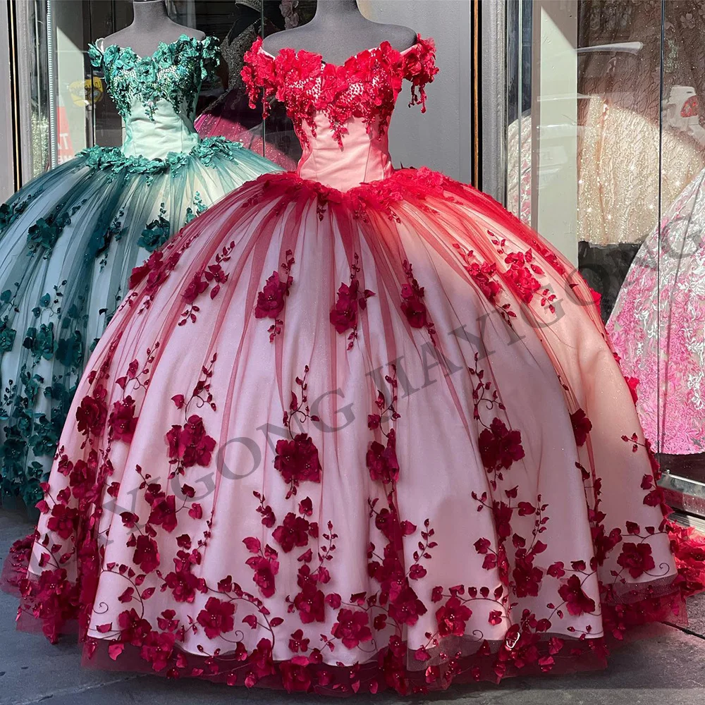 Ballkleid Quince anera Kleid von der Schulter V-Ausschnitt Perlen 3D Blumen Boden länge exquisite benutzer definierte Farbe süße 15 Jahre Kleider