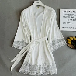 White Bride Wedding Morning Gown Lace Hem Bathrobe Kimono Lady Elegant Sleepwear V-Neck Nightwear Satin Intimate Lingerie