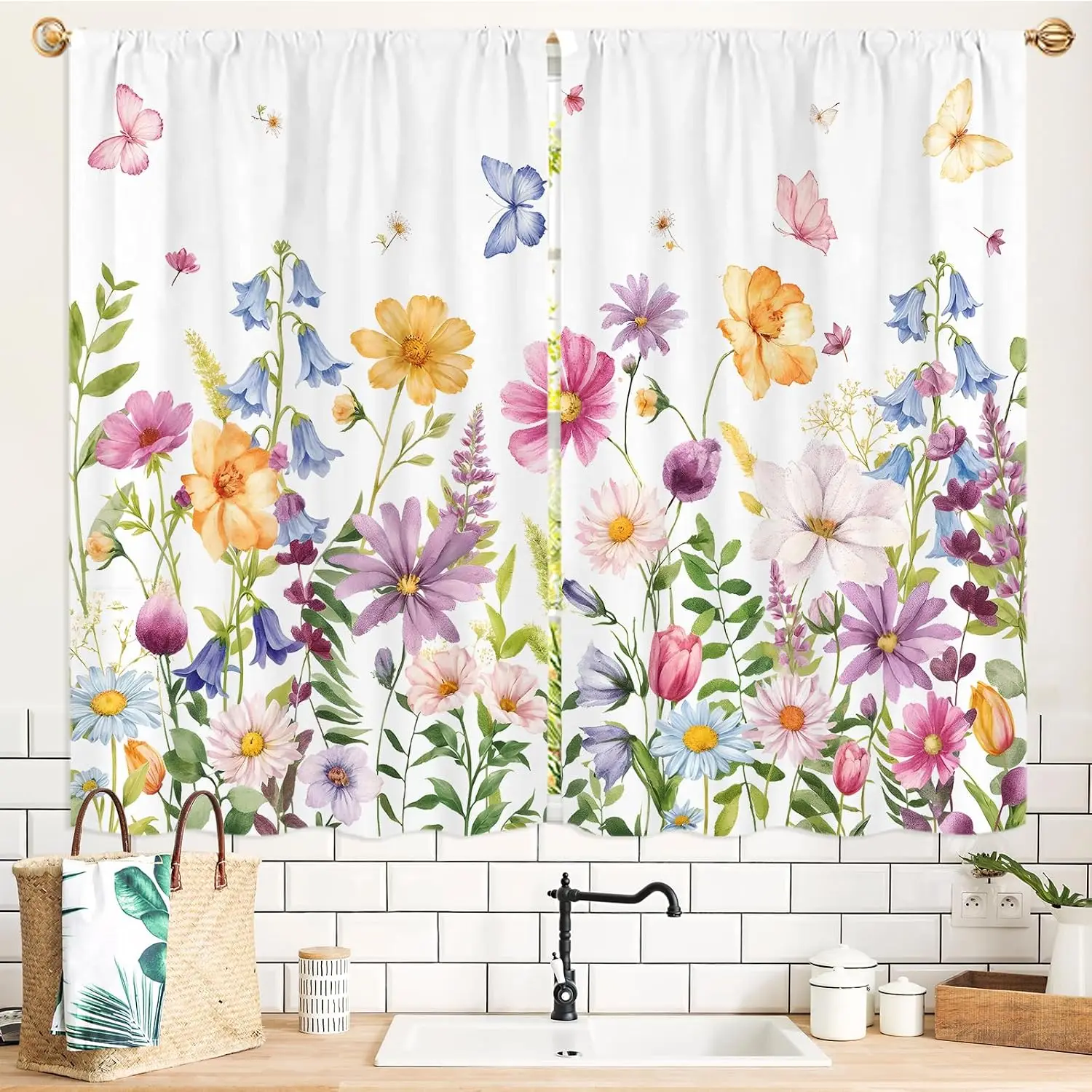 Elegant Watercolor Floral Print Shower Curtain 2 Pcs Botanical Bloom Design Cottagecore Spring Waterproof Bathroom Decoration