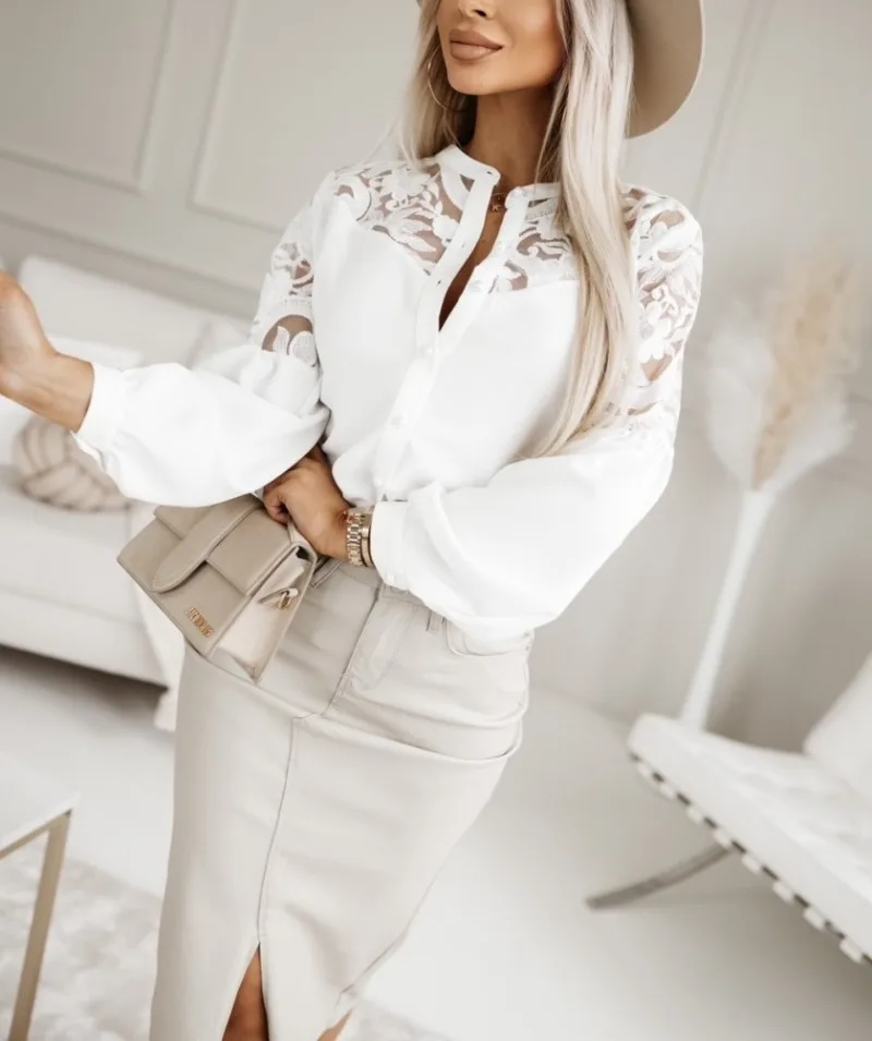 Autumn and Winter Women\'s Solid Elegant Lace Spliced Top Long Sleeved Button Casual Shirt