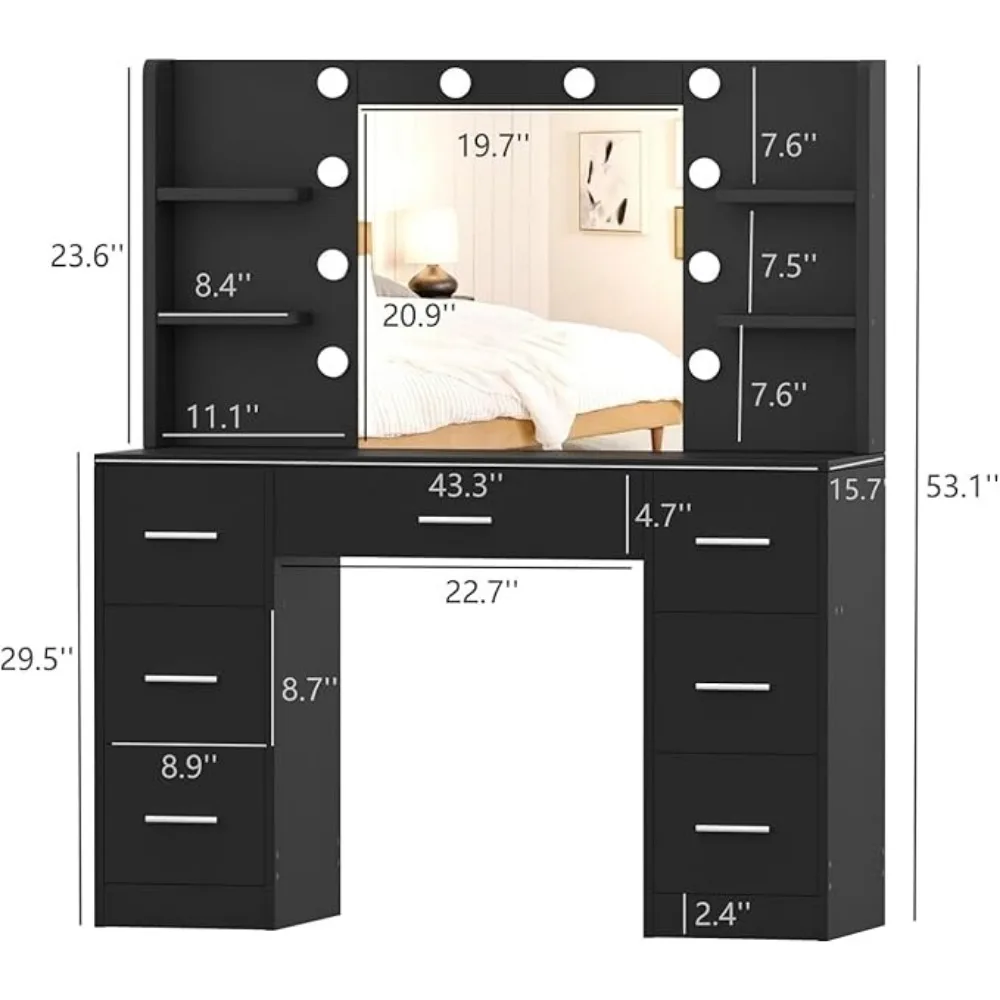 Vanity Desk Makeup Vanity with 10 LED Lights & 7 Metal Sliding Drawers Vanity Table with Open Shelves Makeup Table