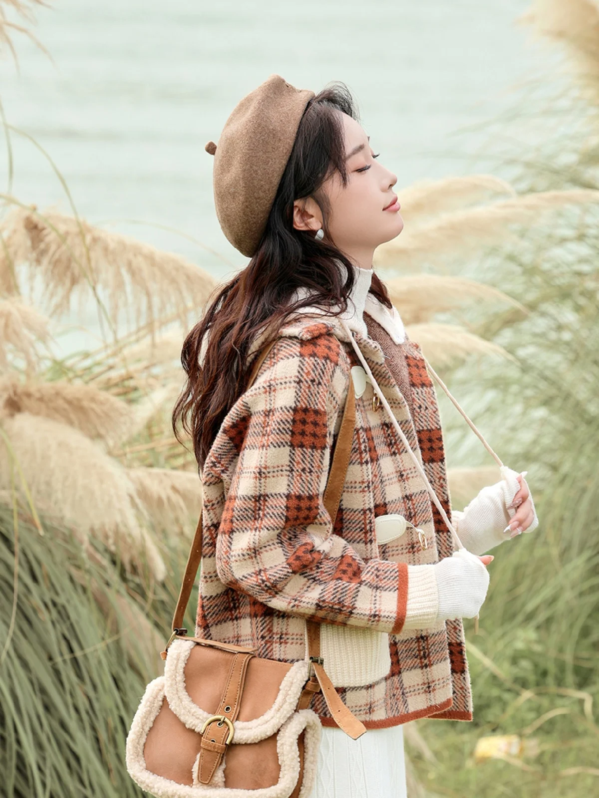 

Artistic Retro Plaid Woolen Coat ort Loose Slimming Spring New Sle Button up Long Sve Hooded Thiened Chinese Brand