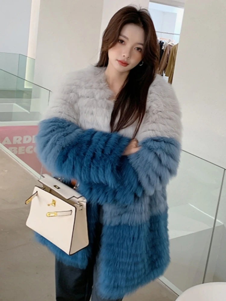 

2023 New Winter Jacket Real Fox Fur Coat High Quality Loose Spliced Color Warm Fashion Youthful Long Cardigan Streetwear