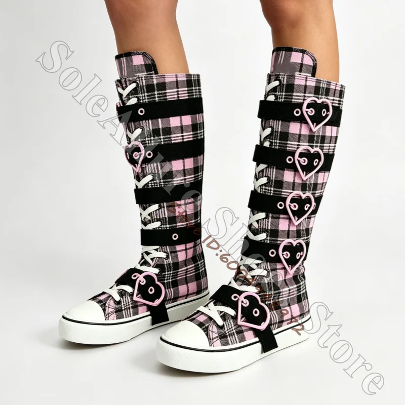 Pink Black Plaid Heart Buckle Strap Knee High Boots Round Toe Cap Multi Adjustable Straps Sneakers Gothic Y2K Canvas Bo