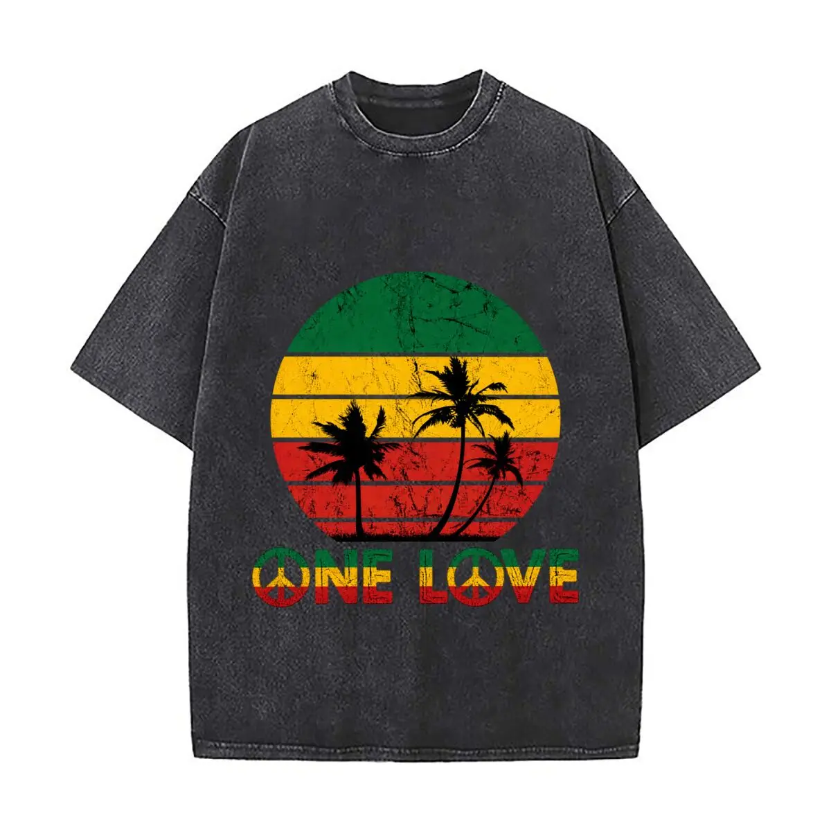 One Love Rasta Sunset Palm Trees Vintage Distressed Loose Streetwear Tops