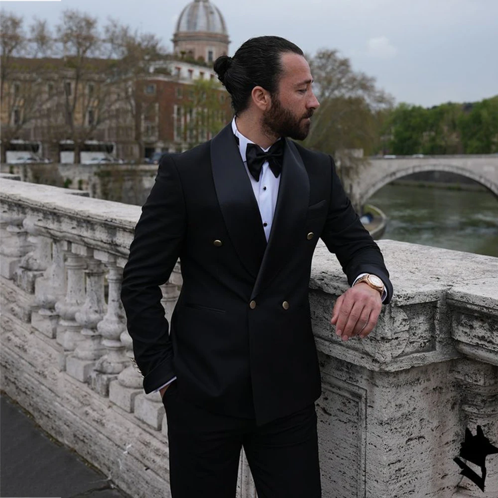New Arrival Black Mens Suit 2024 Shawl Lapel Double Breast Slim Fit Business Formal 2 Pieces Suit Blazer Pants  Costume Homme