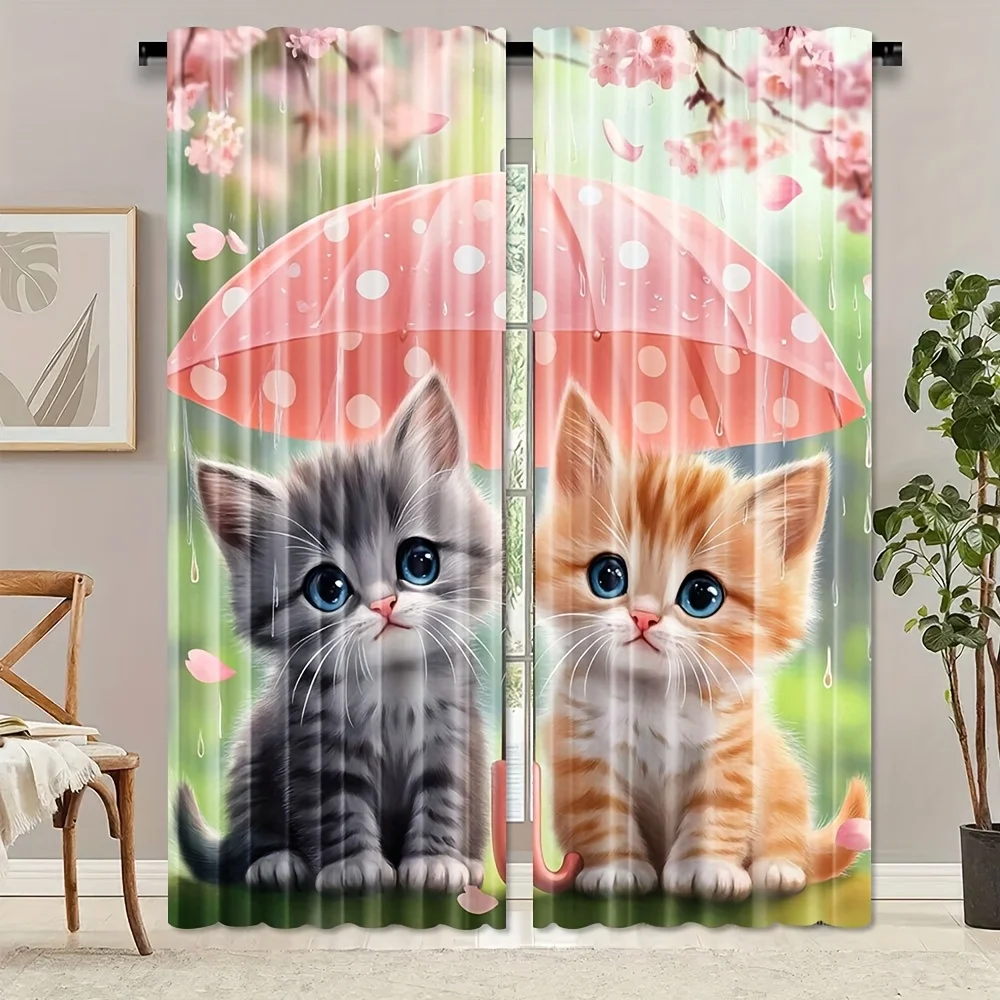 Sakura Kitten Rod Pocket Curtain Two Fluffy Kitty Pink Parasol Rain Sakura Pattern For Teen Girl Bedroom Rental Apartment Window