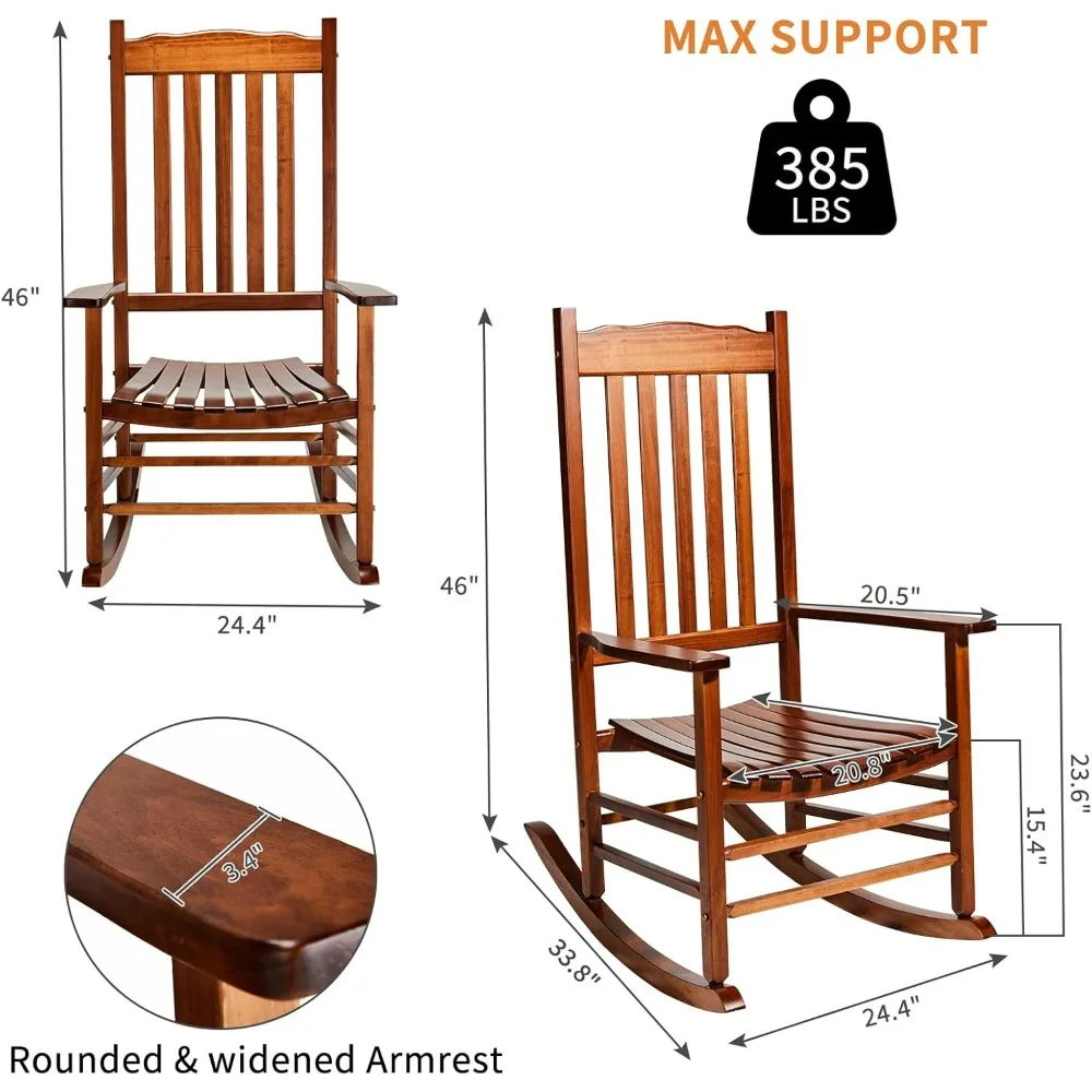Outdoor Rocking Chair, Solid Wood High Back Rocker,All Weather Lounge Chair for Porch Patio Fire Pit Garden Backyard Deck Indoor