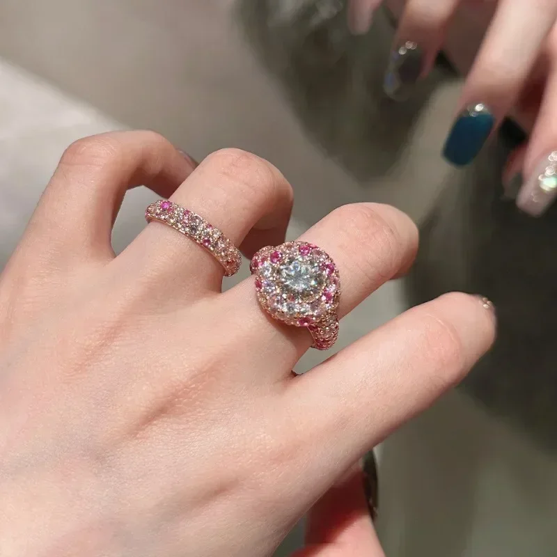 

New in Rose-golden Sweet Style High quality ring gradient peach pink white crystal beads rings for women Light luxury jewelry