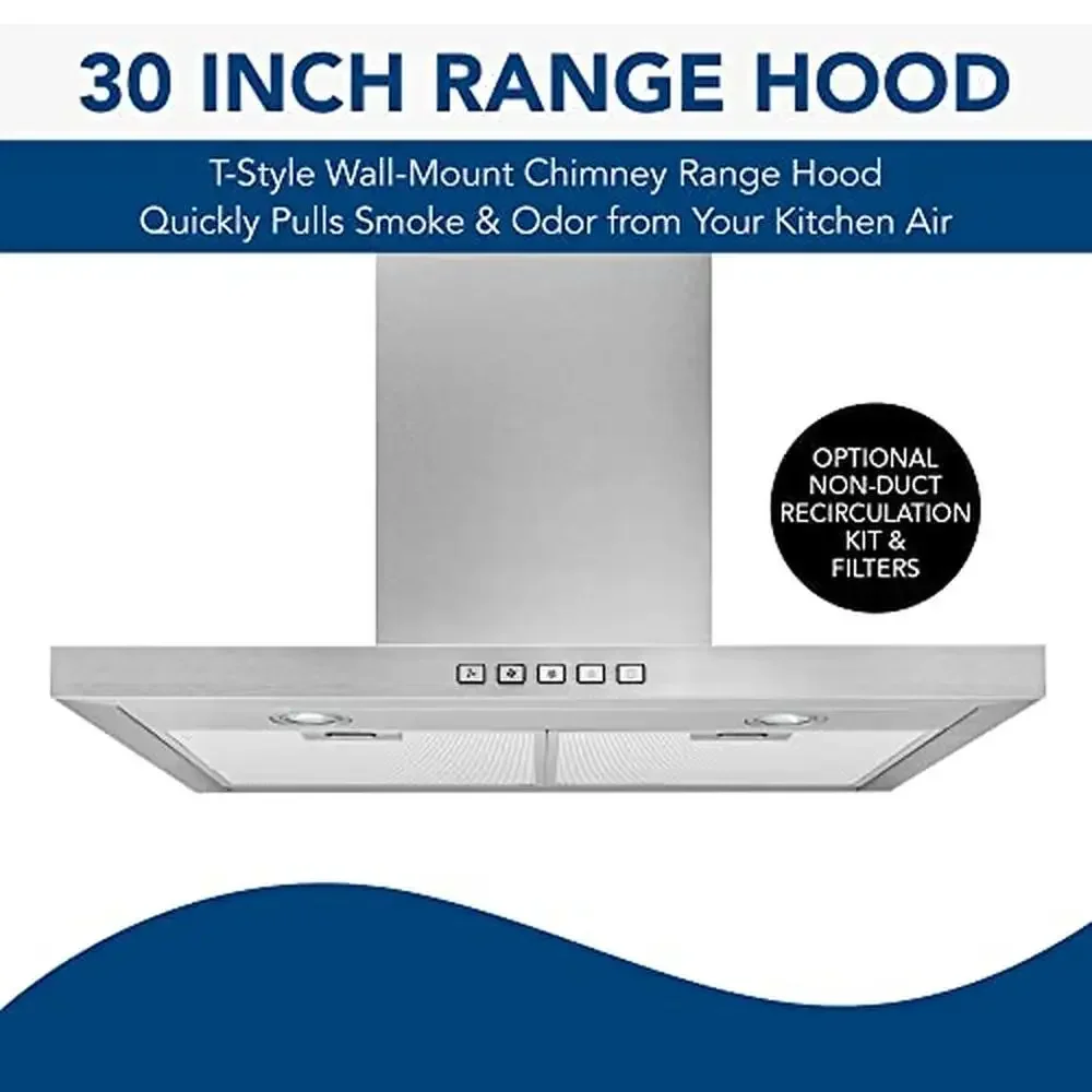 30-Inch Stainless Steel LED Lighting Convertible Wall Mount Range Hood 3 Speed Ventilation Slim Design Dishwasher-Safe Filters