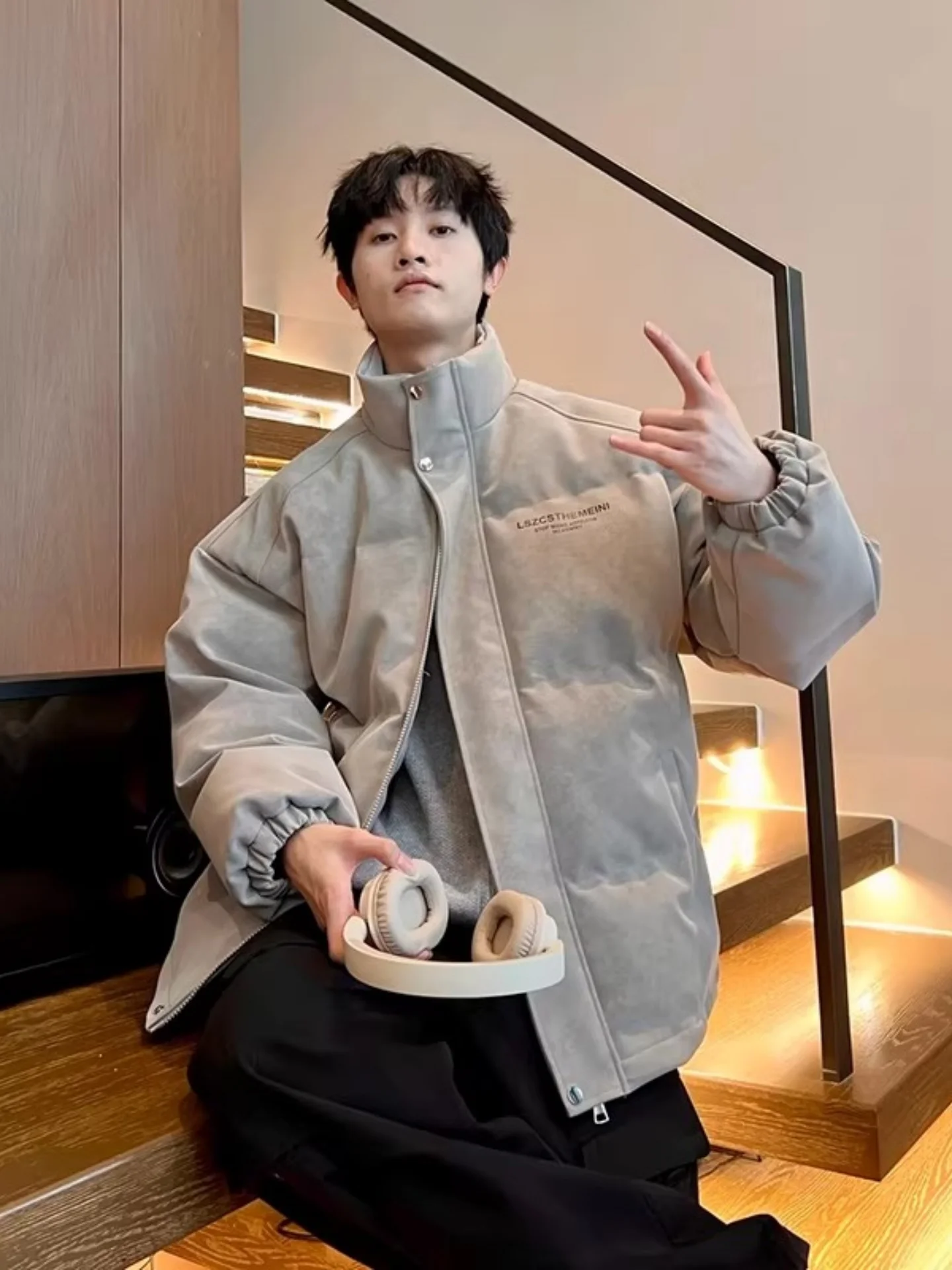 

Retro American PU Leather down Cotton Jaet Men's Thi Warm Stand Collar Trendy Loose Cotton Coat Winter Outerwear