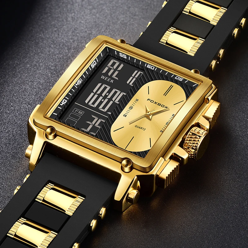 LIGE Fashion Gold Watch Men FOXBOX Top Brand Luxury Men\'s Quartz Wristwatches Casual Military Digital Waterproof Watch For Men