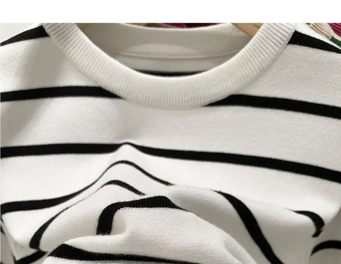 Mulheres verão camisola casual listrado estilo coreano moda recortada malha pulôver vintage o pescoço manga curta feminino roupas chiques