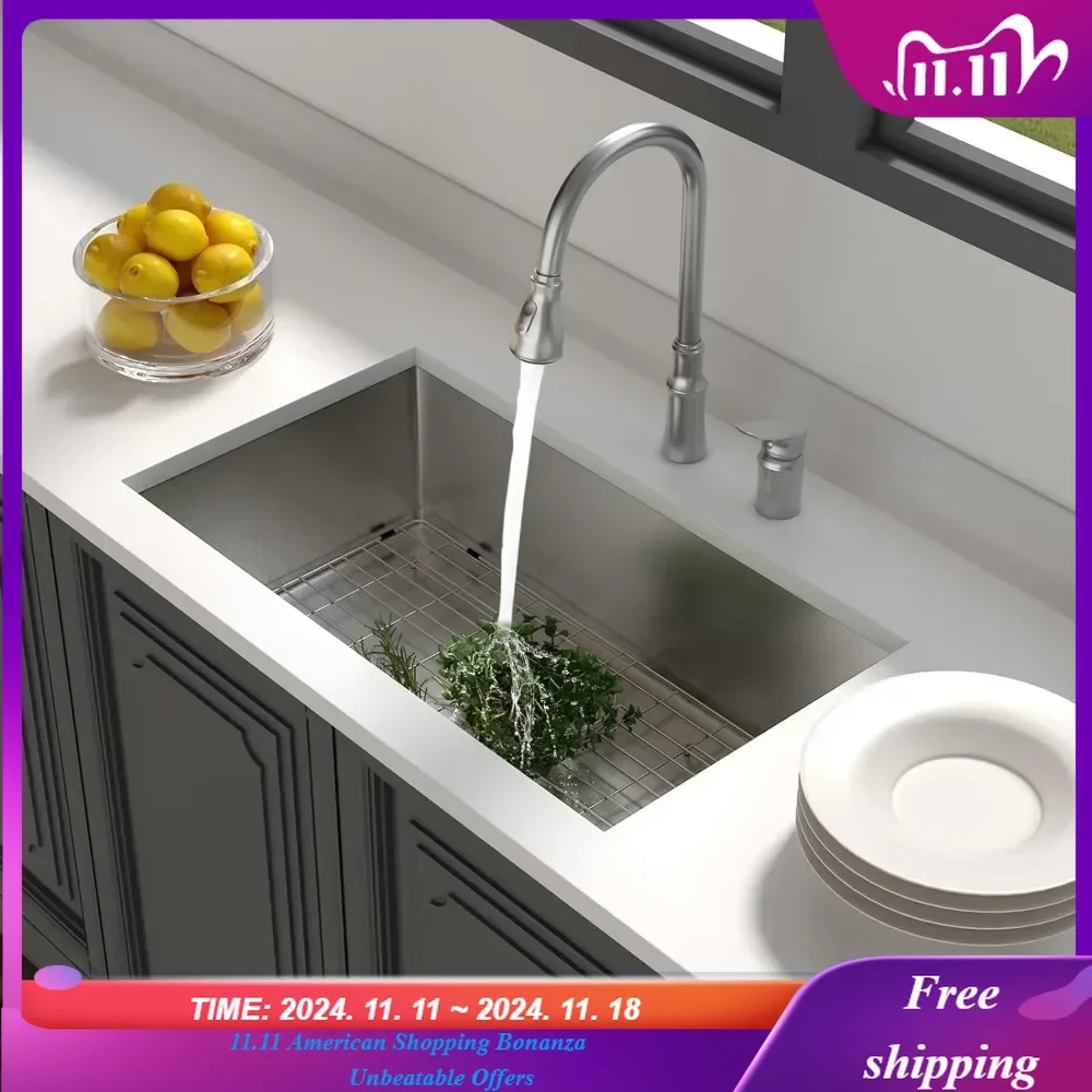 

33 inch Undermount Kitchen Sink Stainless Steel Single Bowl Round Corner 16 Gauge 33Kitchen Sinks Under Mount 33x19x10 Inch