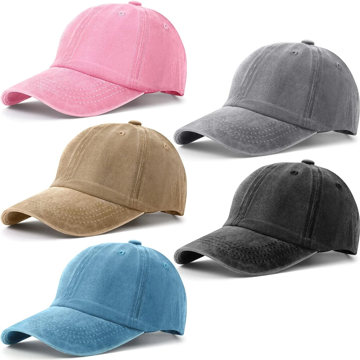 Cozy, stylish and comfortable vintage distressed washed cotton twill dad hats for men and women in assorted colors. Set of 5. Pe