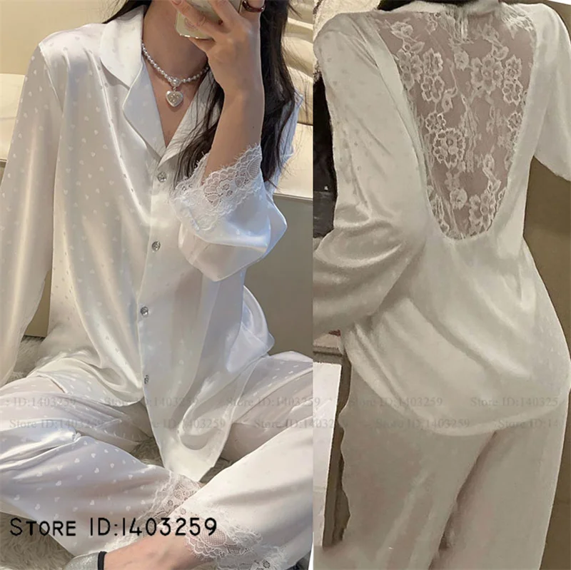 Ice Silk Female Pajamas Set Sexy Lingerie Patchwork Hollow Out Lace Sleepwear Long Sleeve Trouser Pijamas Suit Loose Homewear