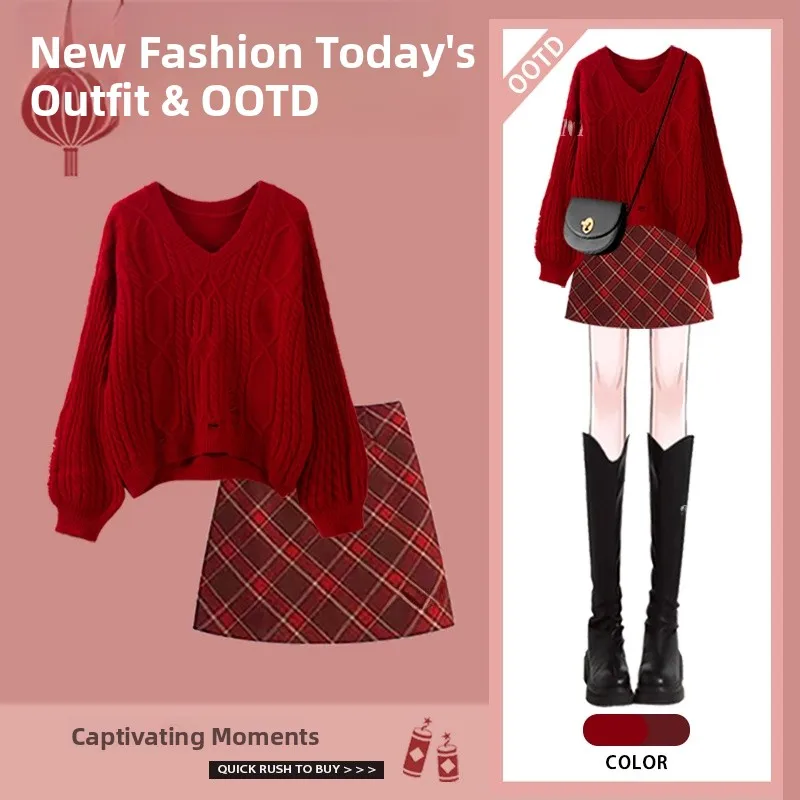 

Winter Knitted Sweater And Short Skirt Set Women's Fashionable Versatile Slimming Two-Piece Ensemble High Waist Midi Skirt