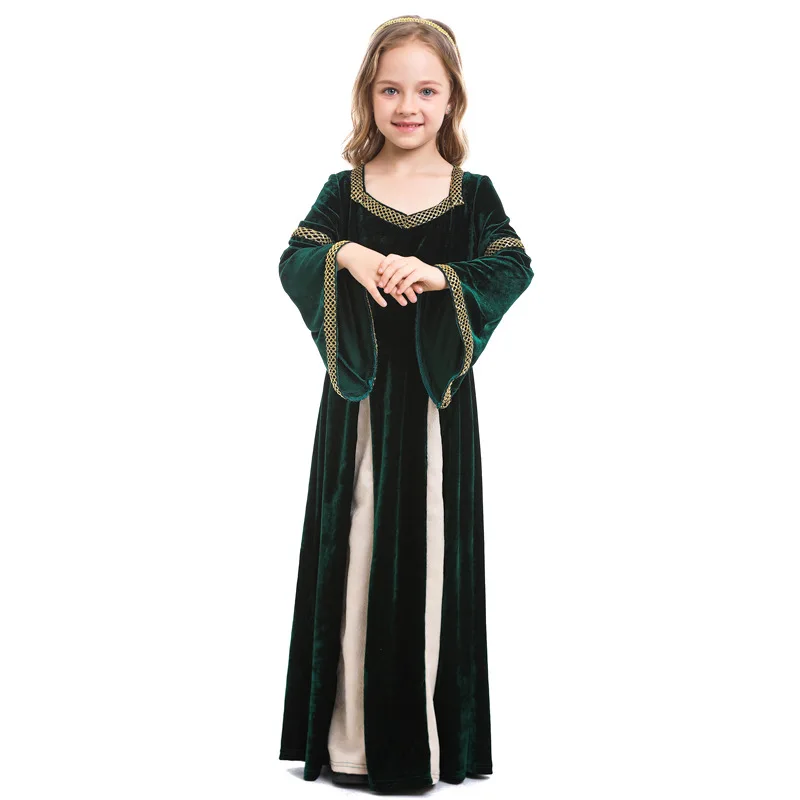 Renaissance, Retro, Middle Ages Girls' Clothing, Song and Dance Drama Stage Performance Clothing, Dark Green Flare Sleeves Long