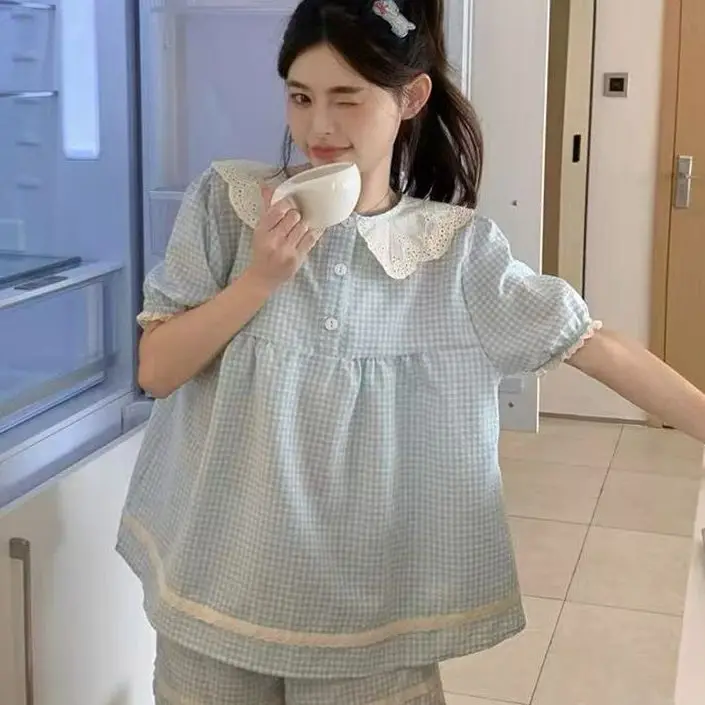 한국 스타일 달콤하고 귀여운 인형 칼라 여성 여름 반팔 반바지 체크무늬 학생 컬러 배색 레이스 홈웨어 여름