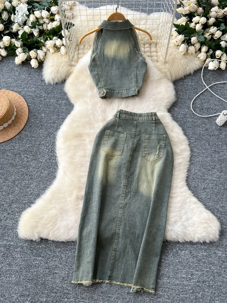 Summer Vintage Sweet Denim Two Piece Set Women Sexy Crop Tops + Rivet Split Bag Hip Skirt New Design Fashion Slim Party Suit Y2k