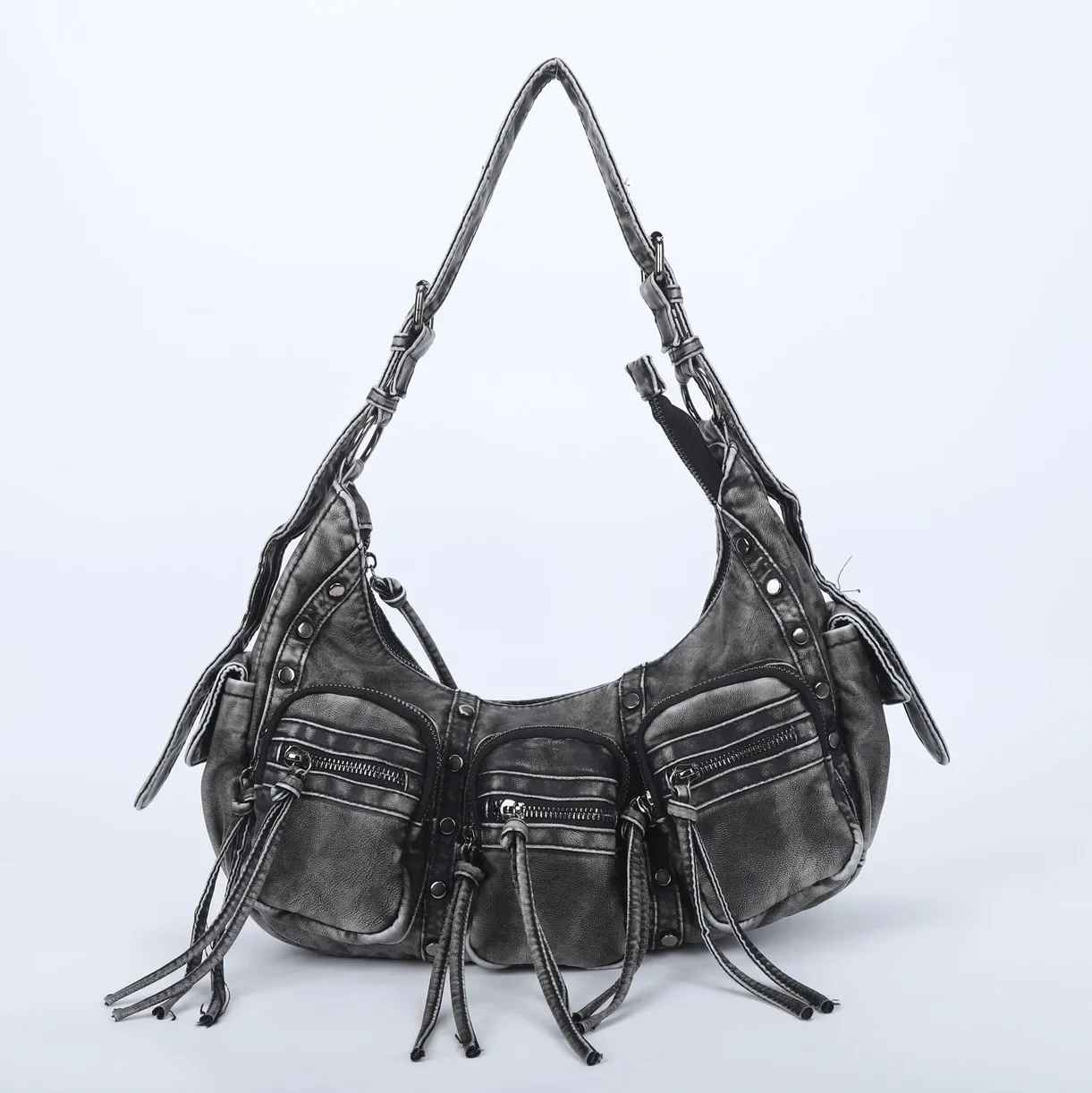 

Fashion Y2K Women Hobos Shoulder Bags Vintage PU Leather Handbags Multiple PocketsLarge Capacity Punk Tassels Motorcycle Bag