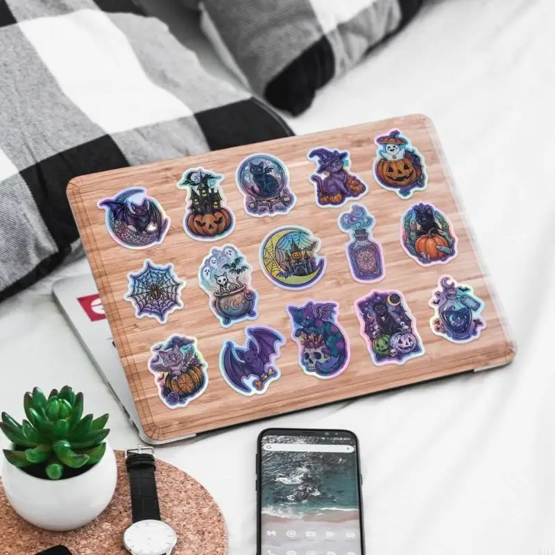 Spooky Season Reflective Sticker Set with 50 Die-Cut Pumpkins, Phantoms, Bats, Witches and More for Decorating Phones, K1KF
