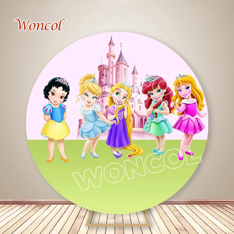 Baby Princess Round Cover Snow White Aurora Ariel Cinderella Rapunzel Birthday Backdrop 1st 2nd 3rd Baby Shower Cylinder Cover