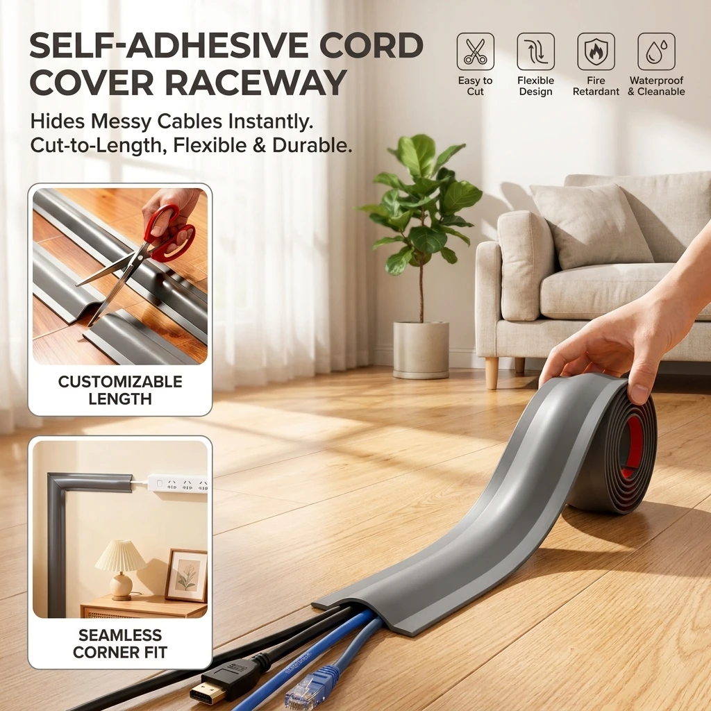 Cord Cover Floor PVC Cord Covers for Wires on Floor, Soft Floor Cable Cover Cord Hider Floor Cable Management Cable Protector