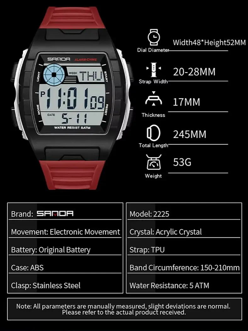 SANDA 2208 multifunctional student electronic watch 5ATM waterproof LED night light stopwatch timer alarm clock hourly clock
