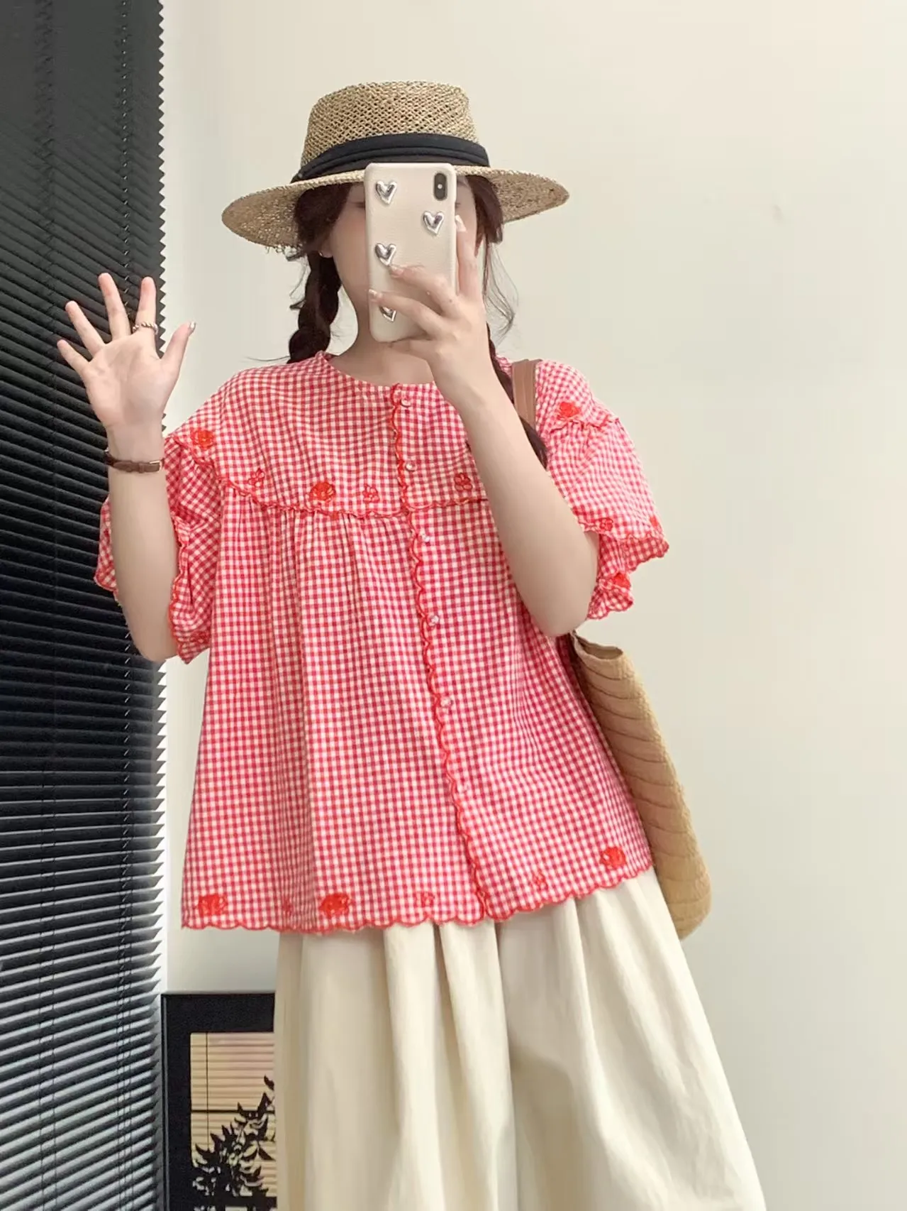 Japanese Mori Girl Style Round Neck Short Sleeve Embroidery Single-breasted Loose Sweet Versatile Plaid Shirts Tops Women Summer