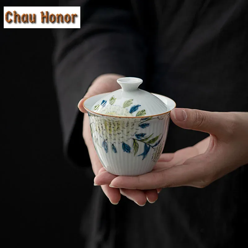 140ml Pure Hand-painted Hydrangea White Porcelain Tea Tureen Vertical Tea Maker Bowl With Lid Household Kung Fu Teaware Ceremony