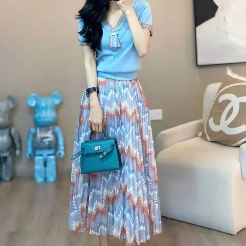 

Women's spring and summer new temperament striped color matching skirt two-pieces French fashion national style blue shirt suit