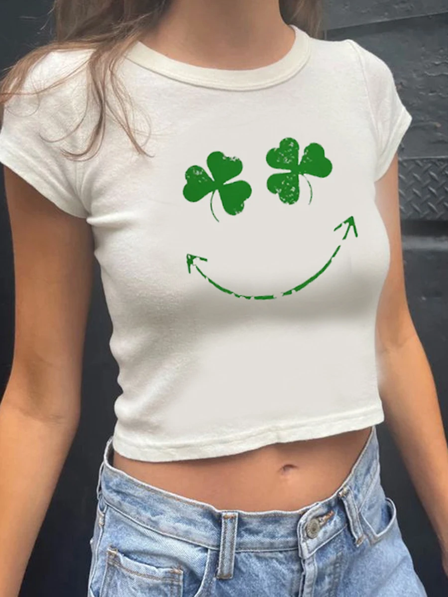 Women s St Pattys Day T-Shirt Gnome Shamrock Print Short Sleeve Round-Neck Show Navel Tops