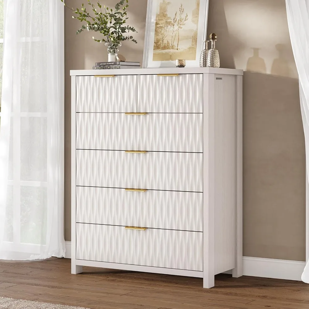 

Fluted 6 Drawers Dresser, 43.7" Tall Drawers for Bedroom, Extra-Thick Tabletop & Frame, Modern Chest of Wood Drawer Organizer