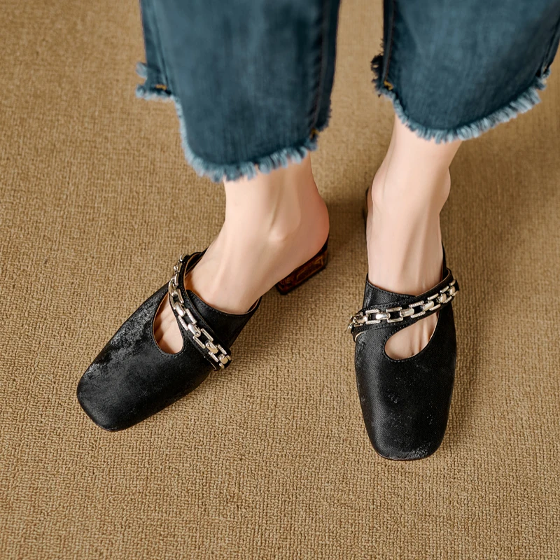 Simple Shoes Woman Chain Mules Chinese Style Comfortable Casual Flats Spring Summer Elegant Ladies Square Toe Mules Size 32-43