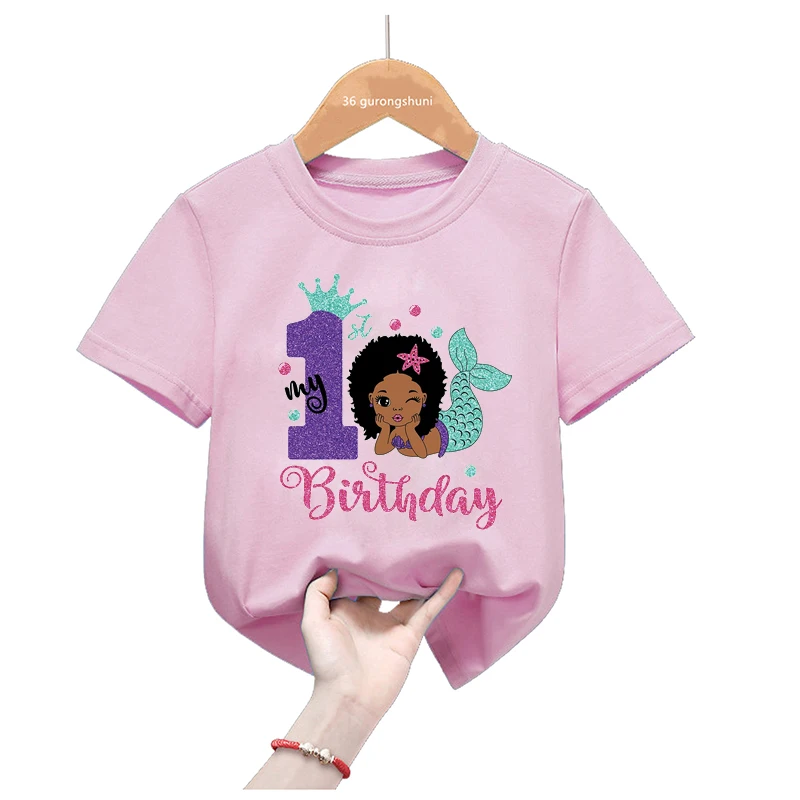 Pink Tops Mermaid My 1-9 Birthday T-Shirt Black Girls Melanin T Shirt Birthday Gift Kids Clothes Short Sleeve Tees Name Custom