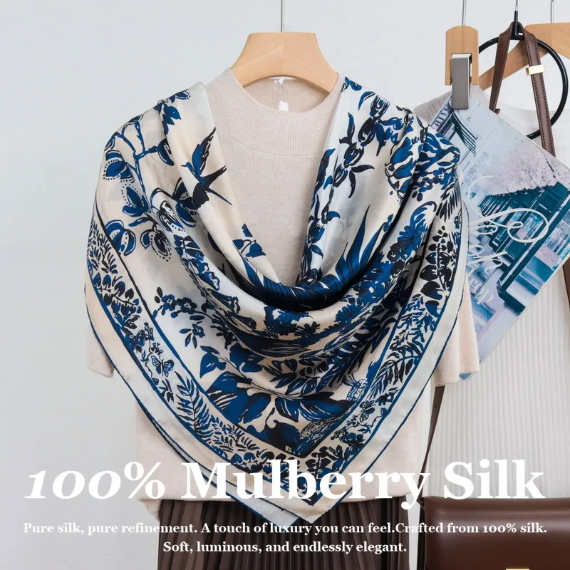 

110x110cm Luxury Real Silk Scarf 100% Mulberry Silk Hand Rolled Edge Designer Print Large Square Shawl Pashmina Poncho Bandana
