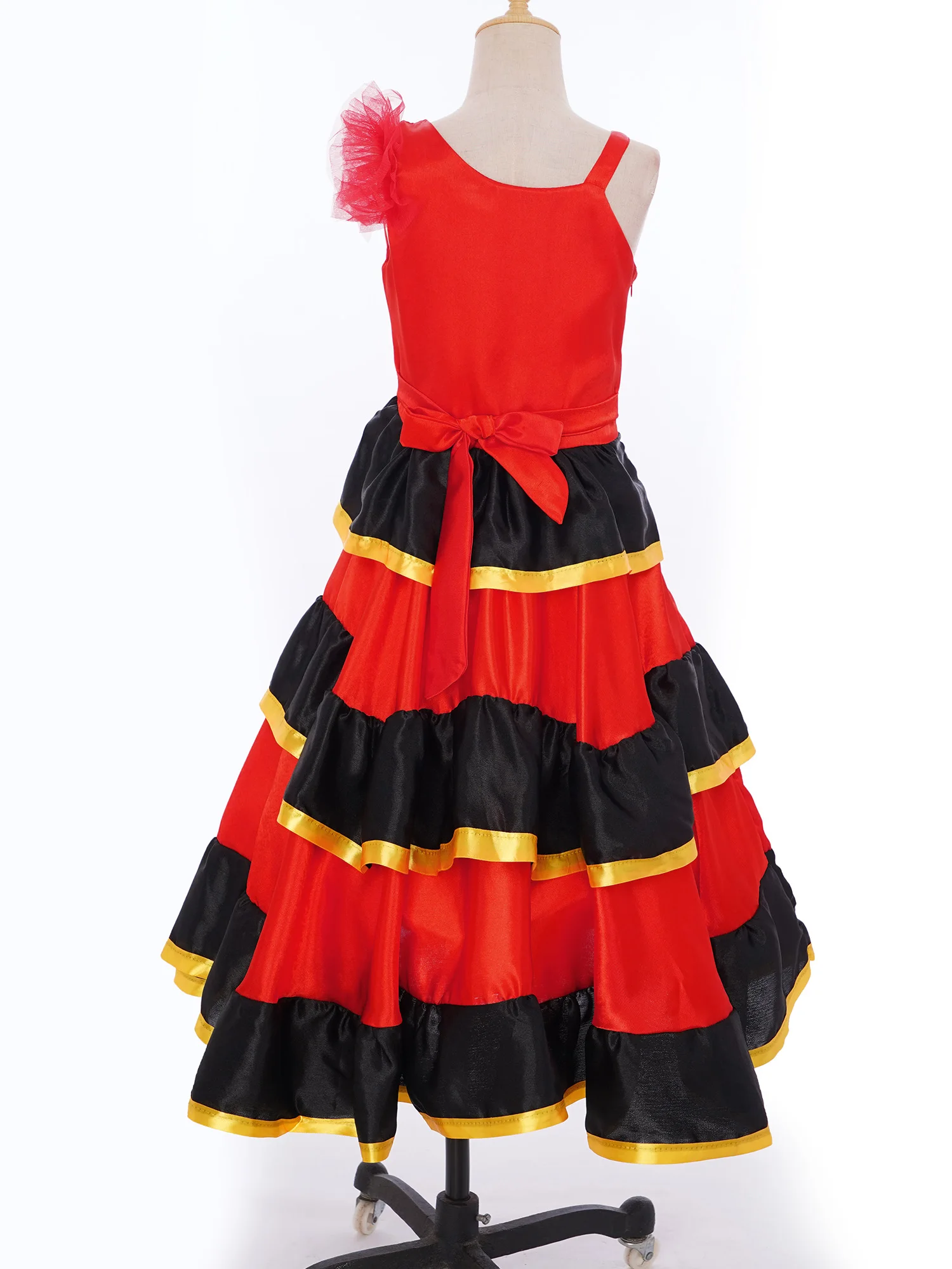 Kids Spanish Costume Girls Long Flamenco Ballroom Lyrical Dance Dress Tiered Ruffles Wide Hem Dance Dresses Performance Costumes