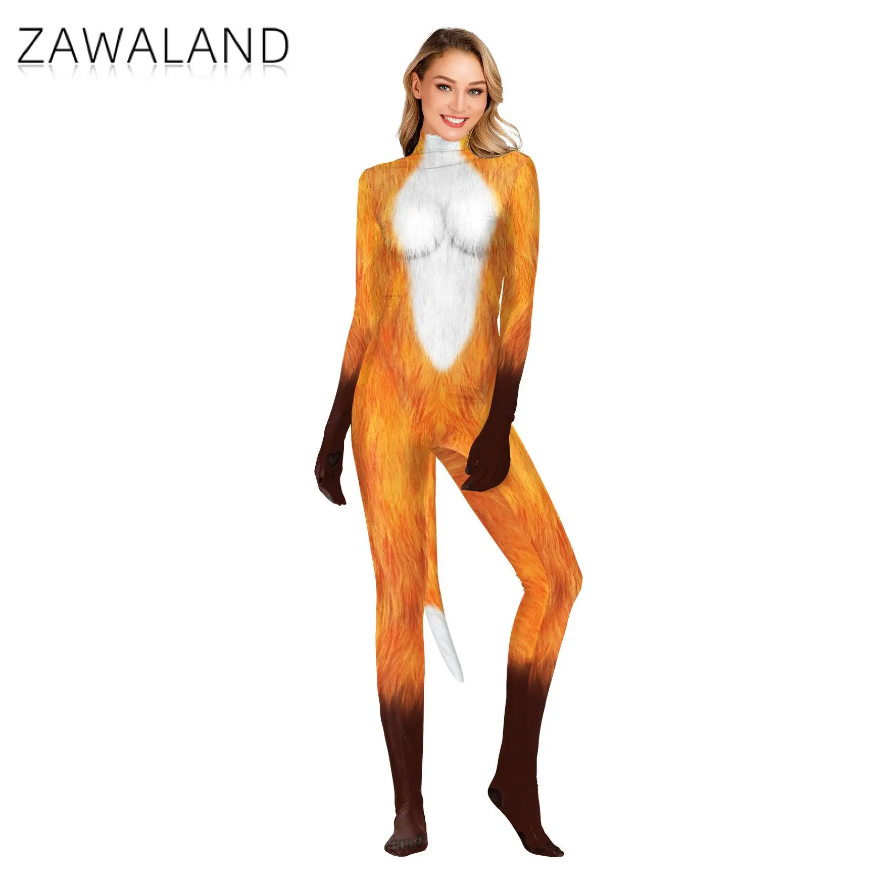 Zawaland carnaval feest jumpsuit hele kostuums 3d vos print catsuit met staart zentai cosplay kostuum fitness spandex outfit