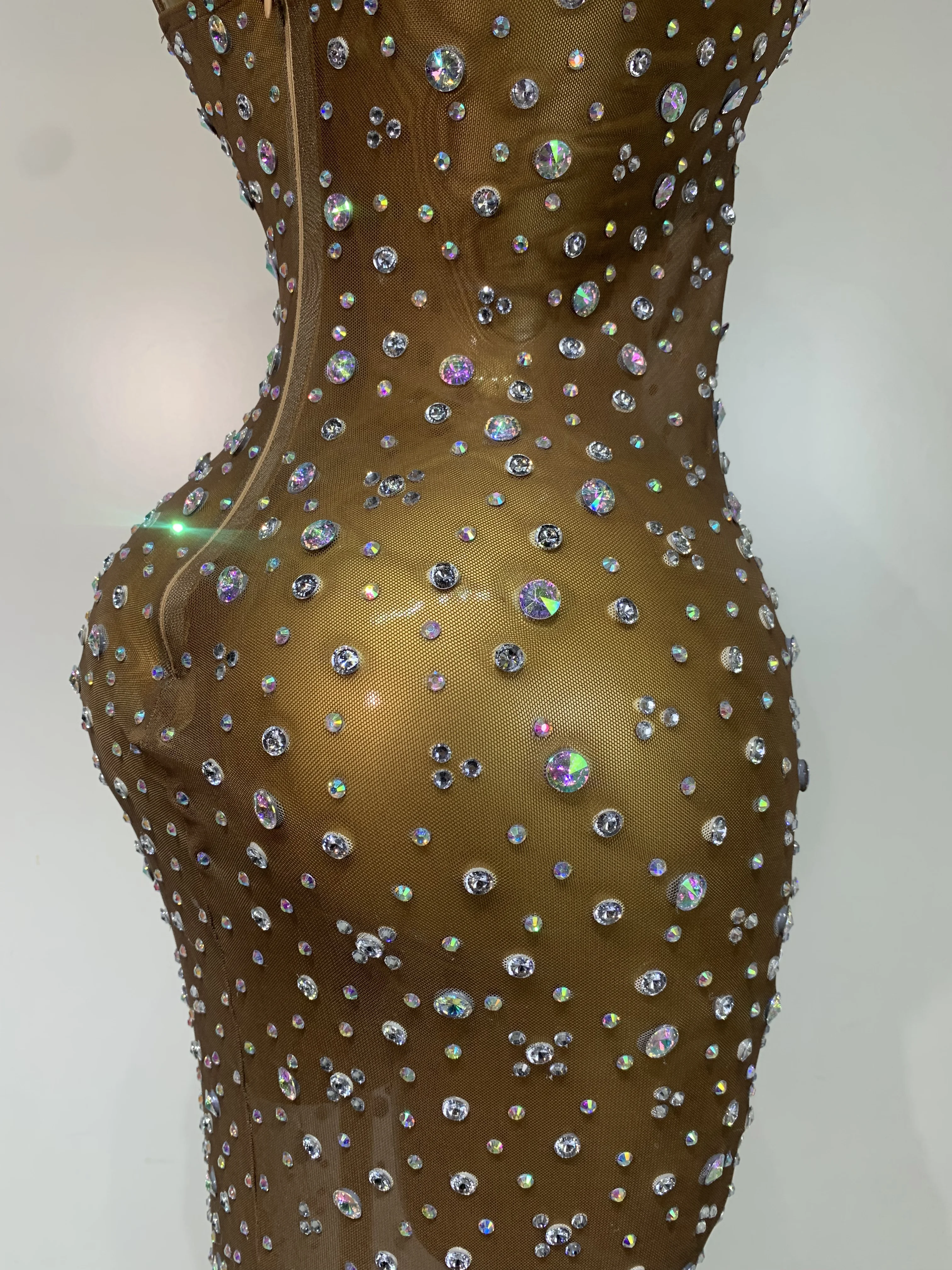 knee length dresses for ladies Chic Rhinestone Detail Plunging Neck Sheer Mesh Mini Dress – Faeriesty main image 0