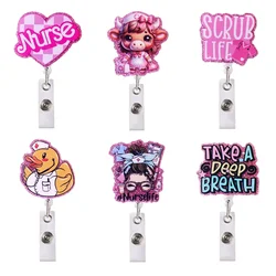 Nurse Medical Care Pink Chunky Glitter Acrylic Planar Resin Holder Work ID Key Card Badge Reel with Clip and Retractable Cord