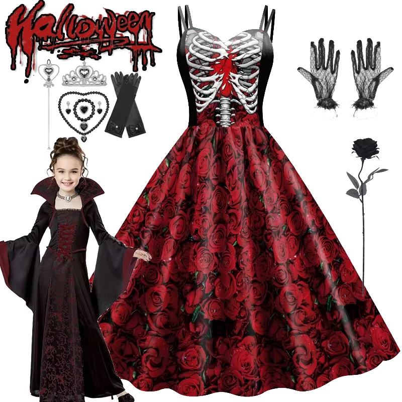 Halloween Kostüm Mädchen Fancy Skeleton Rose Print Kleid Halloween Geisterbraut Vampir Cosplay Kleid Kinder Karneval Party Kleidung