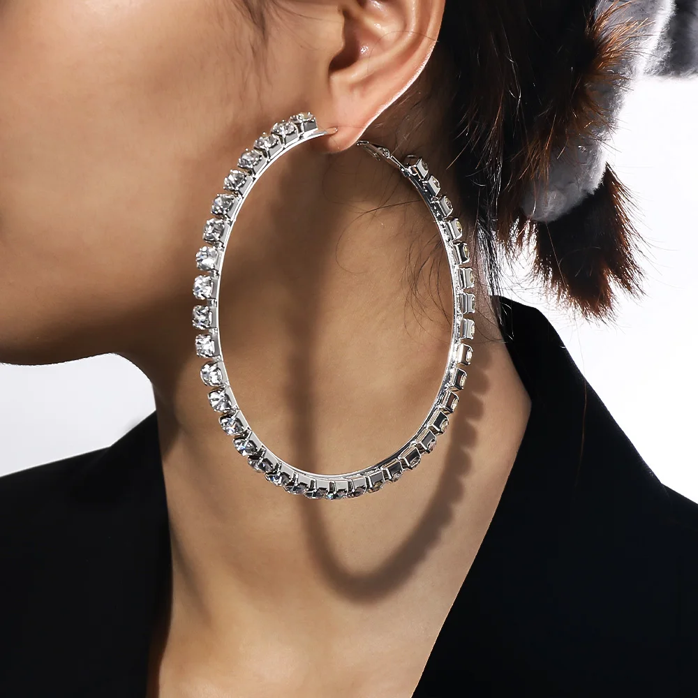 Shiny Big Rhinestone Hoop Earrings for Women Statement Exaggerated Round Circle Earrings Hoop Jewelry Accessories