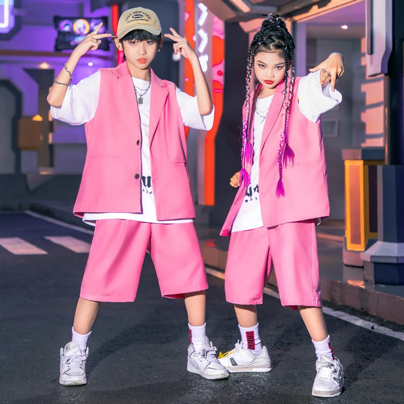 女の子と男の子のためのノースリーブのブレザーとジャケット,ヒップホップの服,ジャズダンスの衣装,バギーの衣装,ティーンエイジャーの服,ピンク