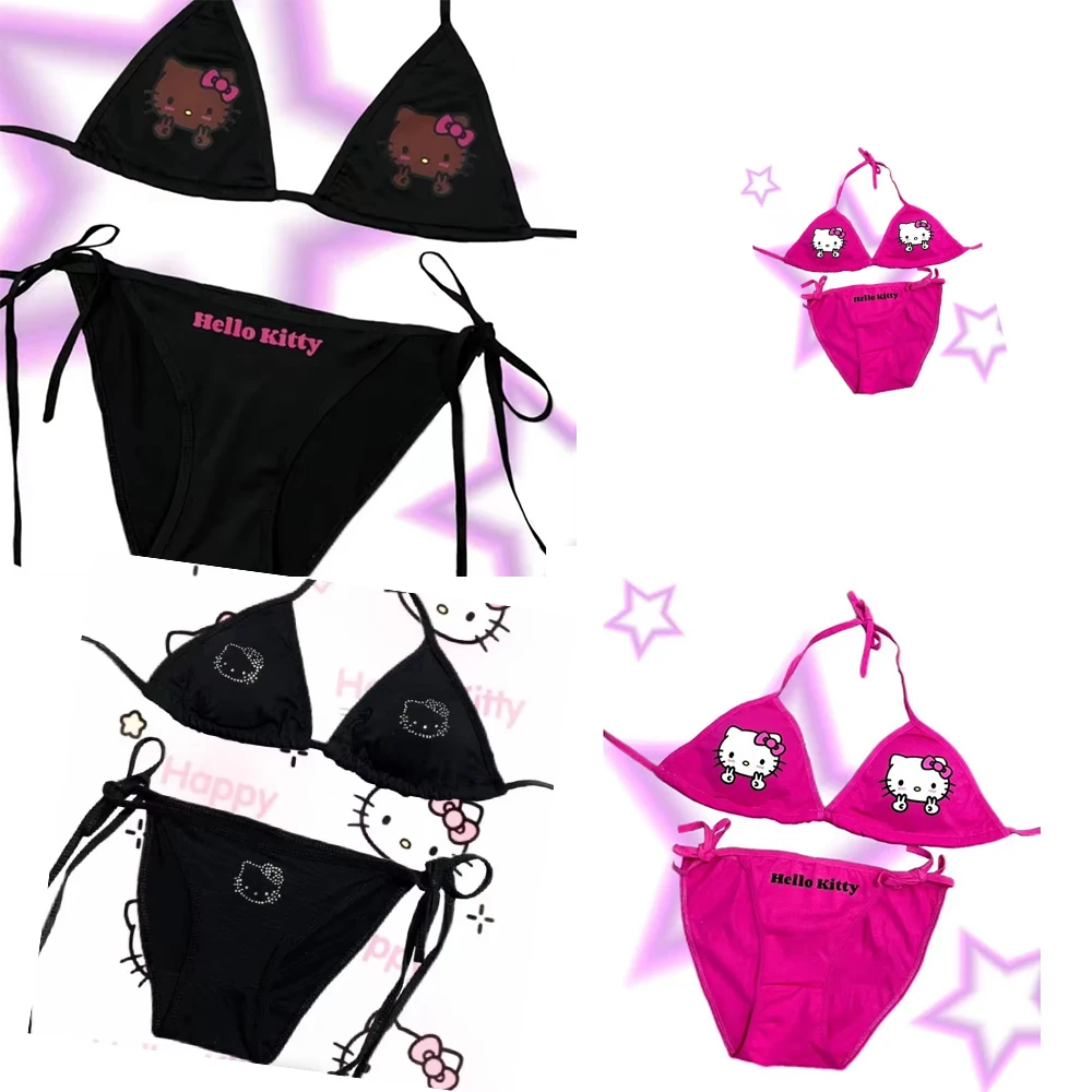 

Sanrio Hello Kittys Women's Swimsuit Set Summer Tie Side Bikini Girls Split Swimwear Strap Adjustable Hottie Sexy Bikini Set