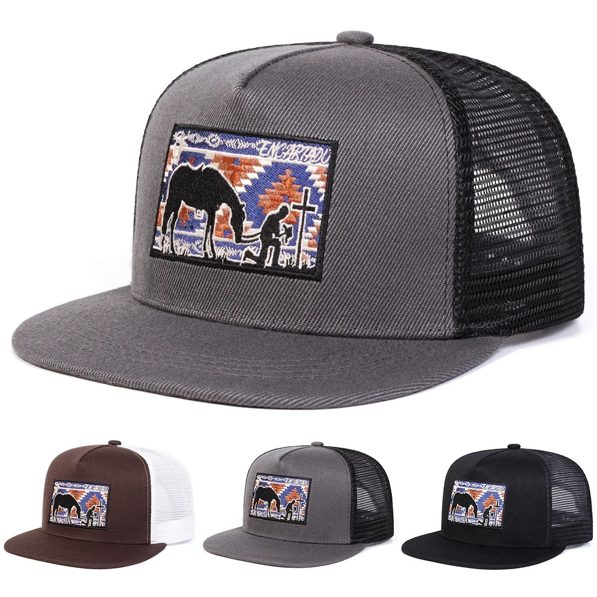 Unisex Hip-Hop-Netzhüte mit Pferde-Kreuz-Stickerei, Frühling/Sommer, Outdoor, verstellbare Freizeit-Baseballkappen, Sonnenschutz-Hut, Sportkappe