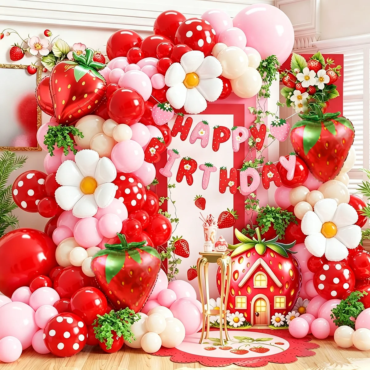 Kit d'arche de ballons fraise 105 pièces, ballons en aluminium rouge, rose, crème, fraise et marguerite, pour décoration de toile de fond de fête d'anniversaire sur le thème des fruits et du jardin