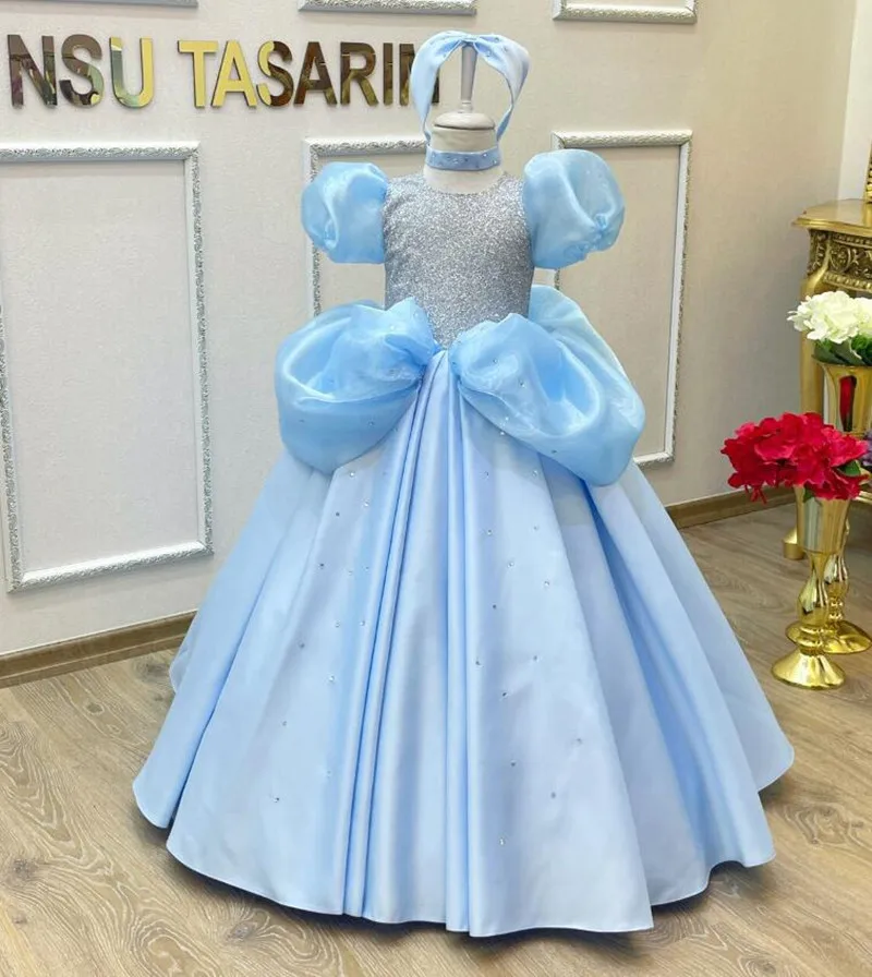 Vestido florido para casamento, cetim azul, inchado, o pescoço, mangas curtas, vestido princesa para crianças, festa de aniversário, primeira comunhão, vestido de baile