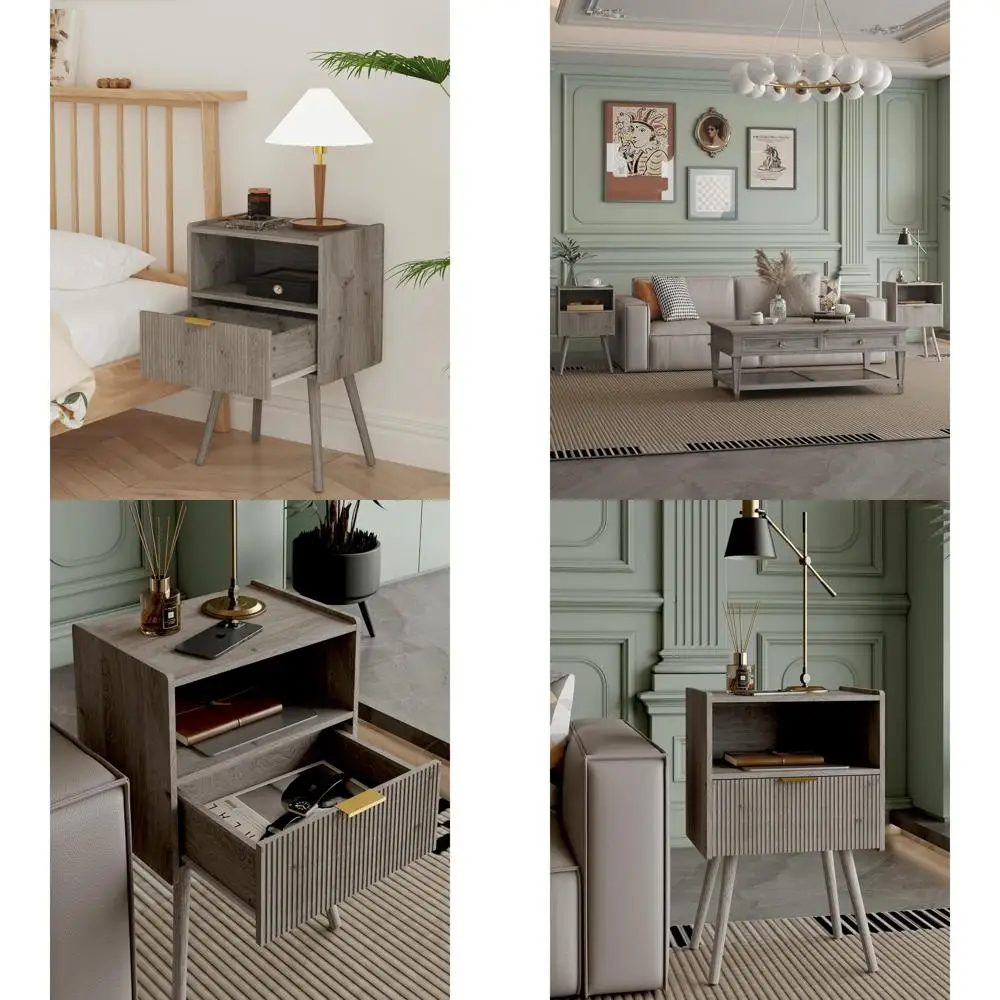 

Contemporary Storage Nightstand with Drawer and Shelf, Grey Oak Finish, Ideal for Living Rooms and Bedrooms